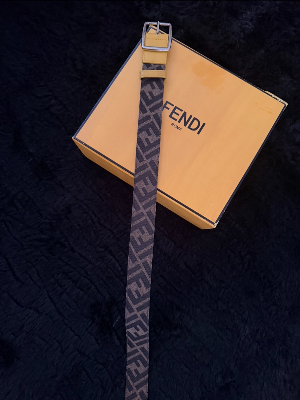 Authentic Fendi Brown FF Logo Fabric Belt with Yellow Trim